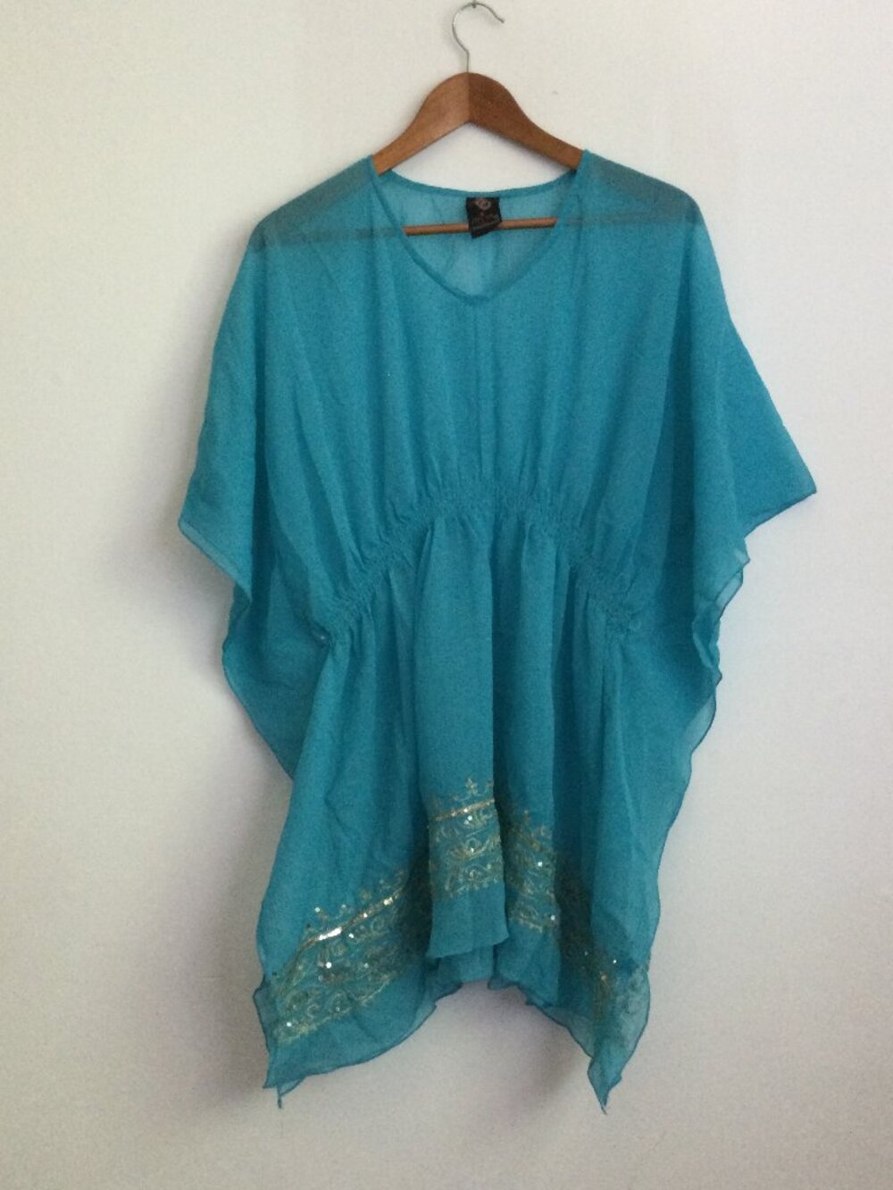 Turquoise kaftan swimsuit cover up tunic silver sequin thread embroidery OS